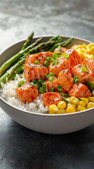 Salmon bowl with corn and asparagus vertical with copy space
