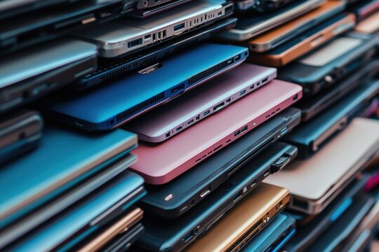 A stack of various laptops, showcasing different colors and models, highlighting technological diversity.
