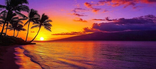 Obraz premium The silhouette of palm trees against the vibrant orange and purple sky at sunset, with reflections on the calm water of the Hawaiian island Generative AI