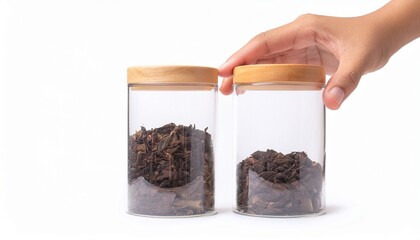 Two glass jars with wooden lids filled with dried tea leaves. A hand is reaching for one of the jars.