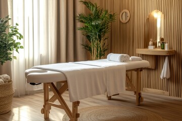 Serene spa treatment room with massage table, towels, and natural decor.