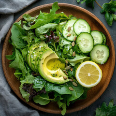 wooden boul with vegetarian fresh vegetable salad 
