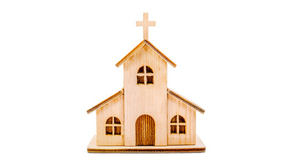 a miniature wooden church model with a cross on top, showcasing simple architecture