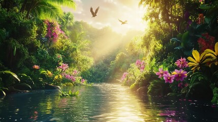 Serene Tropical River Landscape Lush Green Foliage Vibrant Flowers Sunlight Birds Peaceful Tranquil Nature Scene Exotic Paradise Island Summer        