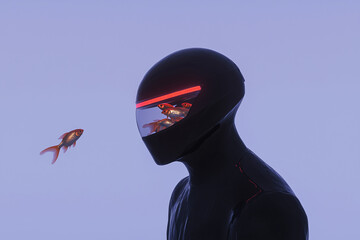 Aquatic Reflection: A lone figure, adorned in futuristic headwear housing a mesmerizing aquarium, gazes at a single, vibrant goldfish, blending technology and nature.