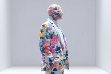 Botanical Fashion Forward: An artistic profile of a stylish individual adorned in an exquisitely detailed floral-patterned suit and visage, showcasing an avant-garde fusion of fashion and nature.