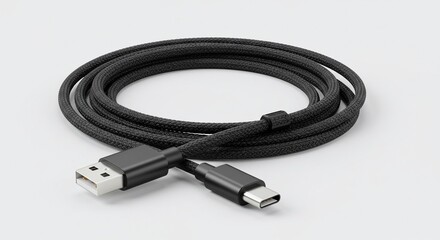 Fototapeta premium A coiled black usb type a to usb type c cable on a white background in a studio environment setting