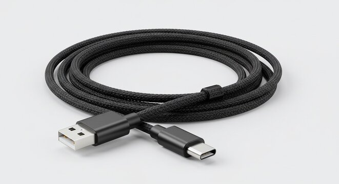 A coiled black usb type a to usb type c cable on a white background in a studio environment setting