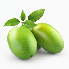 Two green mangoes with leaves on a white background (1)