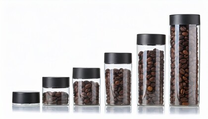 an orderly progression of clear jars containing coffee beans, the jars are of varying sizes and are arranged in ascending order 