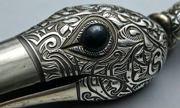 Ornate silver handle shaped like a bird's head, showcasing intricate designs and a gemstone eye