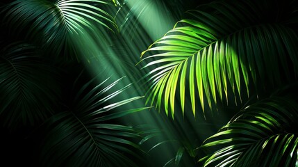 Green palm fronds bathed in sunbeams
