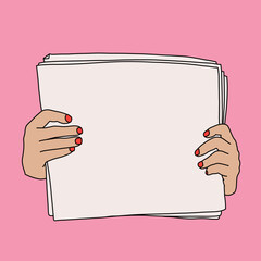 Female Hands Holding a Blank White Paper Sheet on Vibrant Pink Background. Creative Communication Concept Mockup Template
