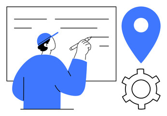 Person writing on a board, emphasizing creativity or strategy. Features location marker and gear for navigation and process themes. Ideal for planning, teaching, strategy, mapping, teamwork