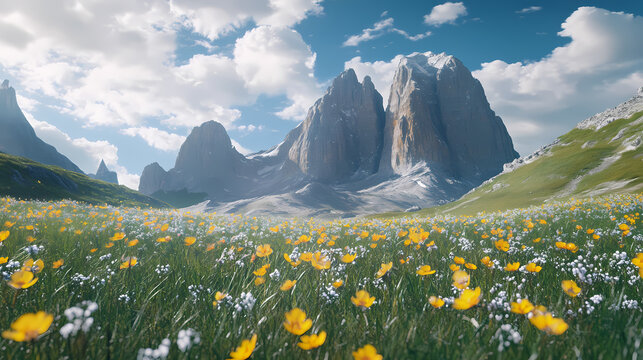 The mystical charm of a meadow nestled gently among grand mountains featuring bright wildflowers lofty peaks and a profound sense of peace and solitude in an alpine retreat. Cradle Tower. Illustration