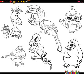 funny cartoon birds species animal characters set coloring page