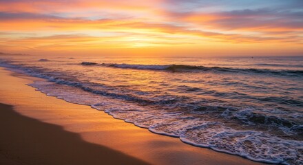 Golden Sunrise Beachscape - Serene sunrise over ocean waves gently lapping a sandy shore. Symbolizing peace, tranquility, new beginnings, hope, and nature's beauty