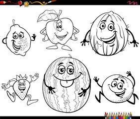 funny cartoon fruit food objects characters set coloring page