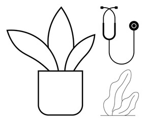 Potted plant, stethoscope, and organic leaves convey health, nature, and minimalism. Ideal for wellness, health care, bio sustainability, natural living lifestyle products nature designs simple