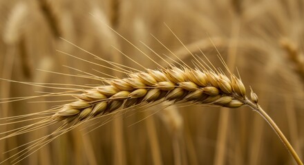 Golden Wheat Close Up: Agriculture - A close-up of a single stalk of ripe wheat, symbolizing harvest, abundance, nature, food security, and rural life