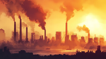 Conceptual image of industrial wasteland, towering factories, toxic emissions, destroyed nature, rusted machinery, bleak atmosphere. Bleak Tower. Illustration