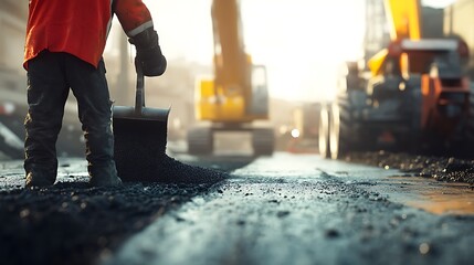 Construction Worker Laying Asphalt