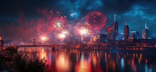 City skyline fireworks celebration night waterside urban event