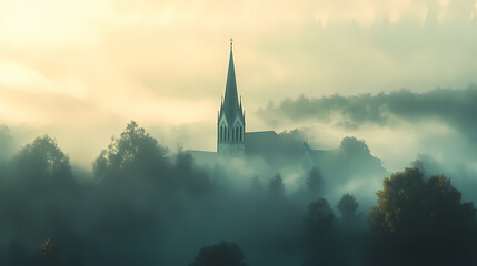 Obraz premium A lone church spire pierces through a veil of ethereal morning fog, casting a mystical glow on the surrounding woodland. Veiled Spire. Illustration