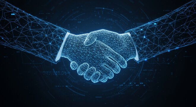 Handshake: Business Partnership - Symbolizing collaboration, trust, technology, innovation, and success in a modern business partnership