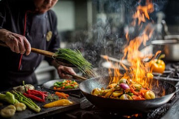 Fototapeta premium Asian chef cooking vegetables in flaming wok, preparing meal with fresh ingredients for culinary food preparation.