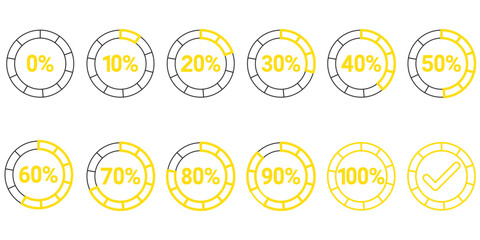 Progress bar Vector illustration. Circle percentage diagrams from 0 to 100. Circle progress bar set with percentage text from 0 to 100 percent. Infographics 0 10 20 30 40 50 60 70 80 90 100 percent