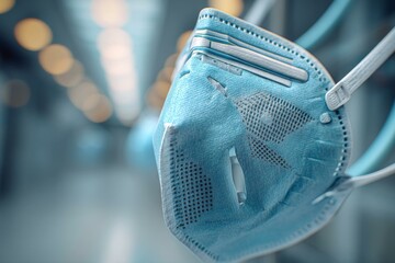 Close-up of Blue Surgical Face Covering with Ear Loops Against Out-of-Focus Background for Health-Related Applications