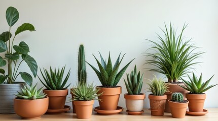 Obraz premium Collection of various indoor plants arranged on a wooden surface near a wall Generative AI
