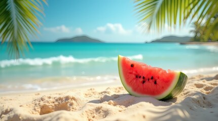 Watermelon on sandy beach with turquoise water and palm trees in the background Generative AI
