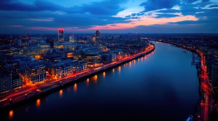 Cityscape along river at twilight urban skyline scenic view