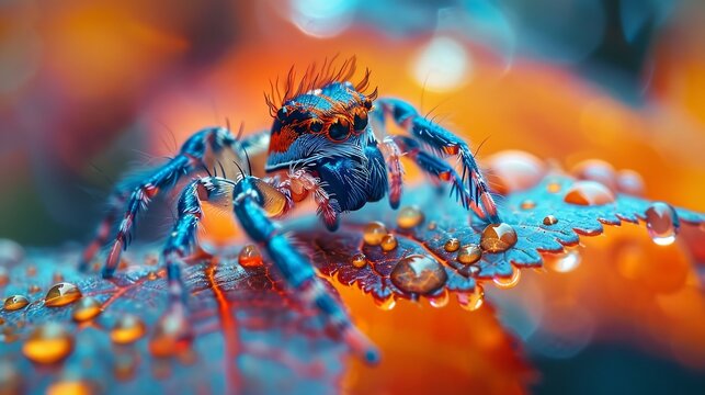 Mesmerizing peacock spider dancing on a tiny leaf vibrant blue and orange patterns glowing under soft sunlight extreme macro wildlife photography
