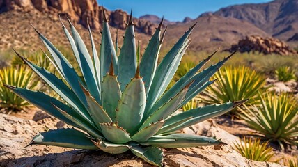 Vibrant desert agave plant with blades against rocky background.