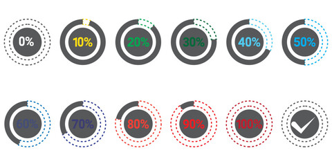 Set of round orange infographic pie charts, template segment of circle icons 0% - 100%, simple flat design loading data interface elements app button ui ux web, vector isolated on white background 