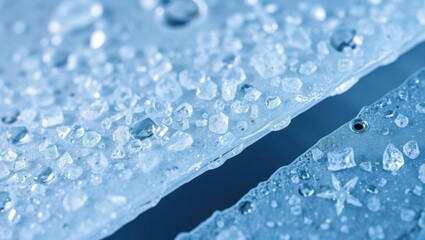 An intricate close-up capturing the beauty of crystal ice patterns and droplets of water glistening on a blue surface, showcasing nature's delicate artistry.