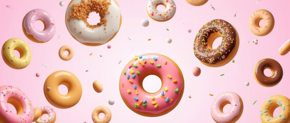 Colorful donuts flying through the air with sprinkles and icing Generative AI