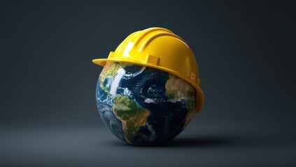 Earth, a planet with a yellow helmet on a dark background, is a concept for World Worker Day