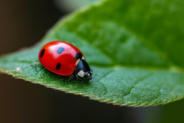 Naklejka premium Striking close-up view of a vibrant red ladybug resting on a vivid green leaf with intricate textures and distinct details