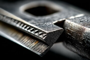 Close-up of a sharp, used utility knife blade reflecting light, showing a weathered surface and cutting edge details on black.