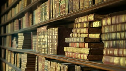Close-up view of shelves filled with vintage books creating a backdrop for knowledge, learning, and academic pursuits