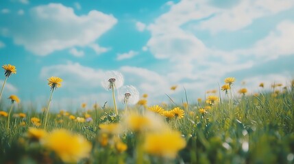 Sunny meadow of dandelions under a vibrant azure sky.