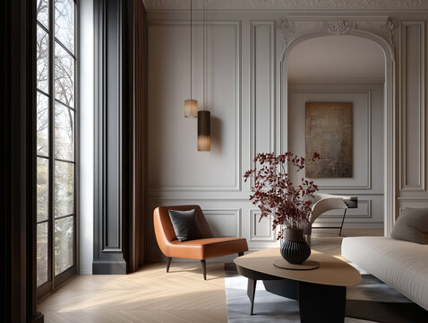 Aesthetic beautiful elegant  modern luxury interior design. Clear mock up empty wall for decoration in the apartment, painting frame. Copy space in the room.