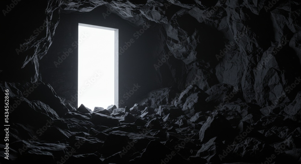 Poster Light at the End of the Cave - A bright rectangular light emanates from a doorway within a dark cave, surrounded by rough-hewn rocks