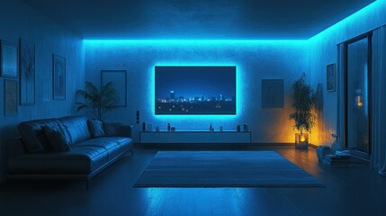 Cozy modern living room at night with city view TV