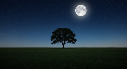 Lone Tree Under Full Moon Night - Serene landscape of a single tree silhouetted against a full moon and starry night sky. Peaceful nature scene