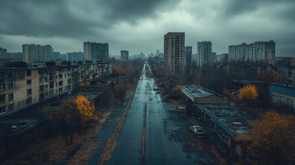 Cityscape depicting urban decline desolate streets and empty buildings cloudy sky